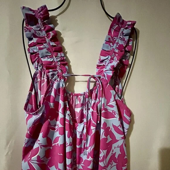 Kori Plus 1XL Floral Ruffle Jumpsuit Baby Blue Magenta Cottagecore NWOT - Picture 4 of 9